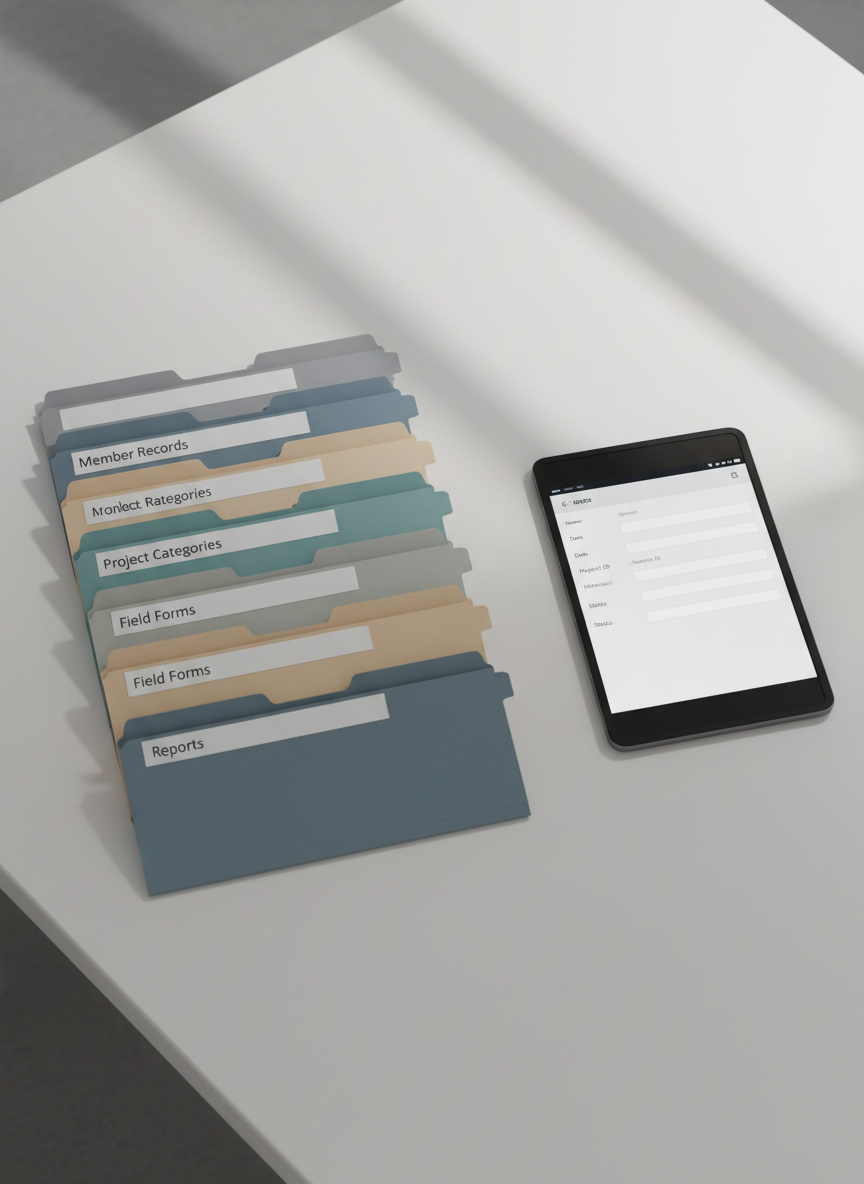 A set of neatly stacked, tabbed folders on a smooth, off-white desk, each spine labeled in a precise sans-serif font: “Member Records,” “Project Categories,” “Field Forms,” and “Reports.” The tabs use a restrained palette of soft grey, muted teal, sand, and slate blue, hinting at an organized system. A slim tablet lies nearby, its screen displaying a structured form template with blank fields and checkboxes, all anonymized and generic. Overhead, diffused office lighting casts subtle, linear shadows that emphasize the clean edges and structured layout of the folders. Photographic realism, shot from a slightly oblique overhead angle using the rule of thirds, creates a calm, methodical atmosphere that highlights organization, traceability, and professional record-keeping.
