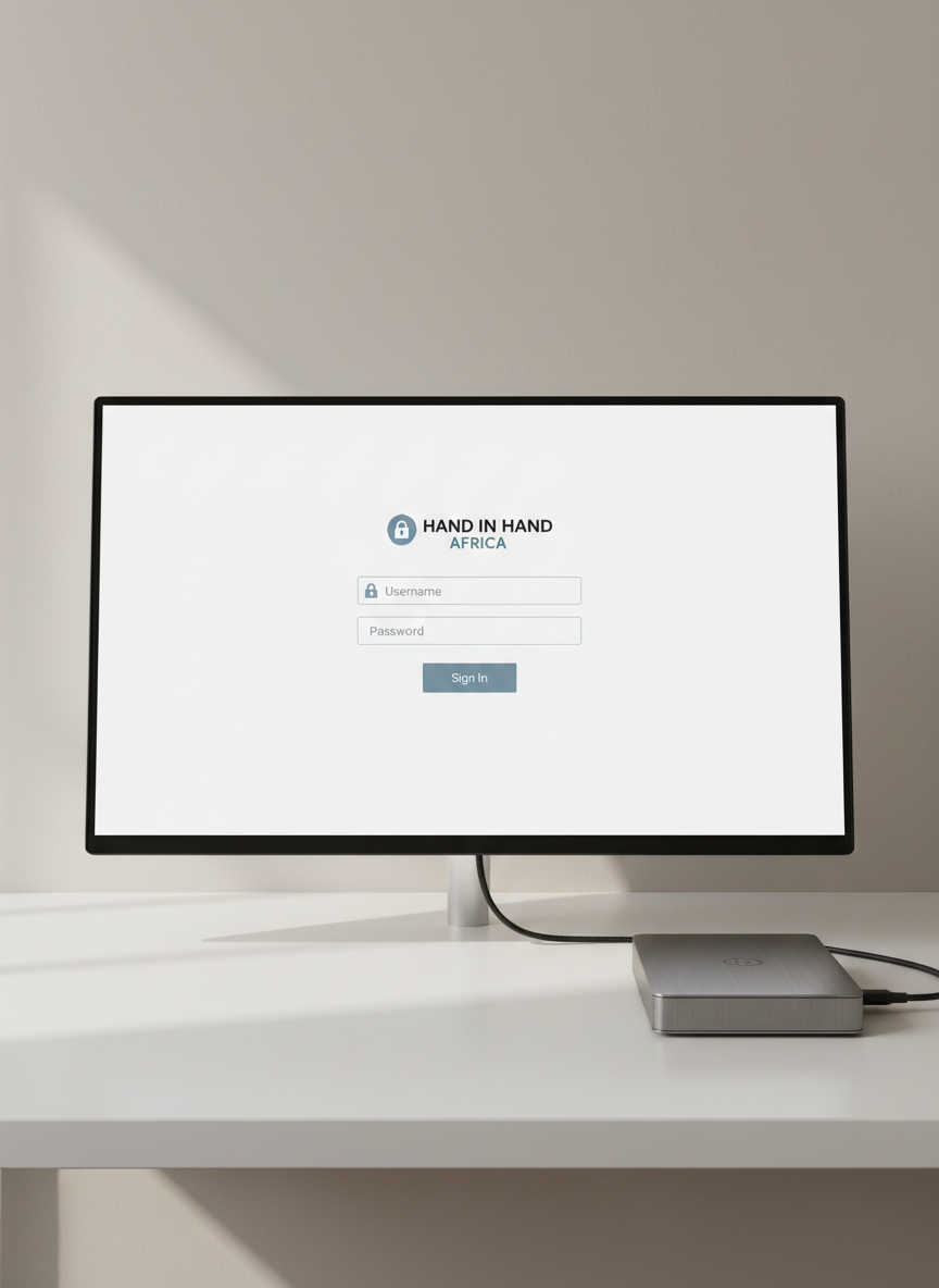A secure digital login screen for the Hand in Hand Africa database displayed on a thin, frameless monitor set against a minimal, light-beige wall. The interface shows a clean username and password field, a subtle lock icon, and a muted accent button labeled “Sign In,” all arranged with ample white space and precise alignment. A sturdy, brushed-metal external drive rests beside the monitor on a neutral-toned desk, connected by a single cable, reinforcing the theme of data protection. Soft, indirect daylight from the left creates understated highlights on the metal and monitor edges, with gentle, controlled shadows. The photographic image is composed at eye level with a centered, balanced layout, conveying calm, trust, and robust security in a modern corporate environment.