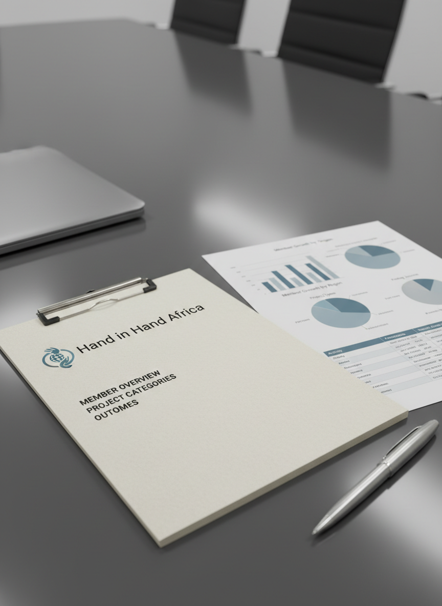 A close-up of a printed project report resting on a smooth, charcoal-grey conference table, its pages clipped neatly together. The report cover features the “Hand in Hand Africa” name with a discreet logo, followed by clear section titles: Member Overview, Project Categories, and Outcomes. Inside pages are partially visible, showing simple bar graphs, pie charts with muted blues and greys, and clean tables of anonymized figures. A fine-tip pen lies diagonally across the bottom corner, and a slim, closed laptop sits just out of focus near the edge. Cool overhead office lighting creates soft reflections on the table and crisp, legible detail on the paper. Photographic realism, shot from a slightly elevated angle with gentle depth of field, evokes a focused, corporate, presentation-ready mood.