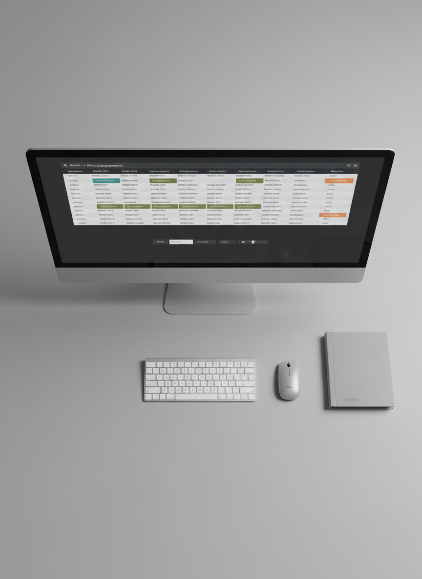 An overhead view of a meticulously organized desk setup featuring a large, ultra-thin monitor displaying a structured member management interface. The screen shows a grid of anonymized member IDs, project category tags in muted accent colors, and filter controls aligned with perfect precision. Below, a full-size keyboard and wireless mouse are aligned parallel to the desk edge, next to a slim, closed binder labeled “Reports” in subtle embossed lettering. The surface is a matte, light grey, matching a neutral corporate palette. Soft, even studio lighting eliminates harsh shadows, enhancing clean lines and clarity. The photographic image uses a top-down, flat-lay composition with symmetrical balance, conveying order, security, and a methodical approach to data management.