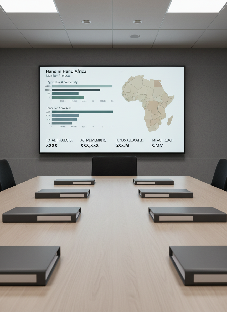 A large wall-mounted screen in a minimalist meeting room, displaying an analytics dashboard for Hand in Hand Africa’s member projects. The interface shows segmented bar graphs by project category, a simple map of the African continent shaded in neutral gradients, and key metrics in tidy columns, all with anonymized, non-identifiable labels. Below the screen, a long, uncluttered conference table in light ash wood stretches forward, with a few closed, identical report binders aligned evenly along its length. Recessed ceiling lights provide soft, even illumination, with slight reflections on the table surface and screen. Photographic realism, captured from a slightly low, central angle looking toward the screen, conveys strategic oversight, clarity, and a high-level, corporate decision-making environment.